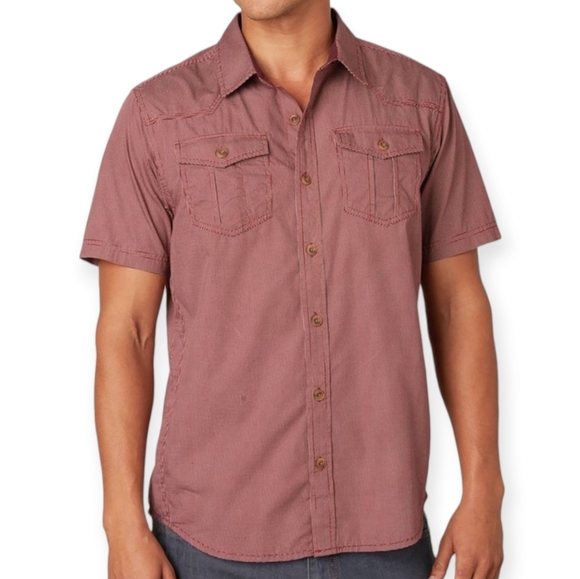 Prana Men's Borla Short Sleeve Button Up Chest Pockets Red Micro Dots Small - Picture 1 of 16